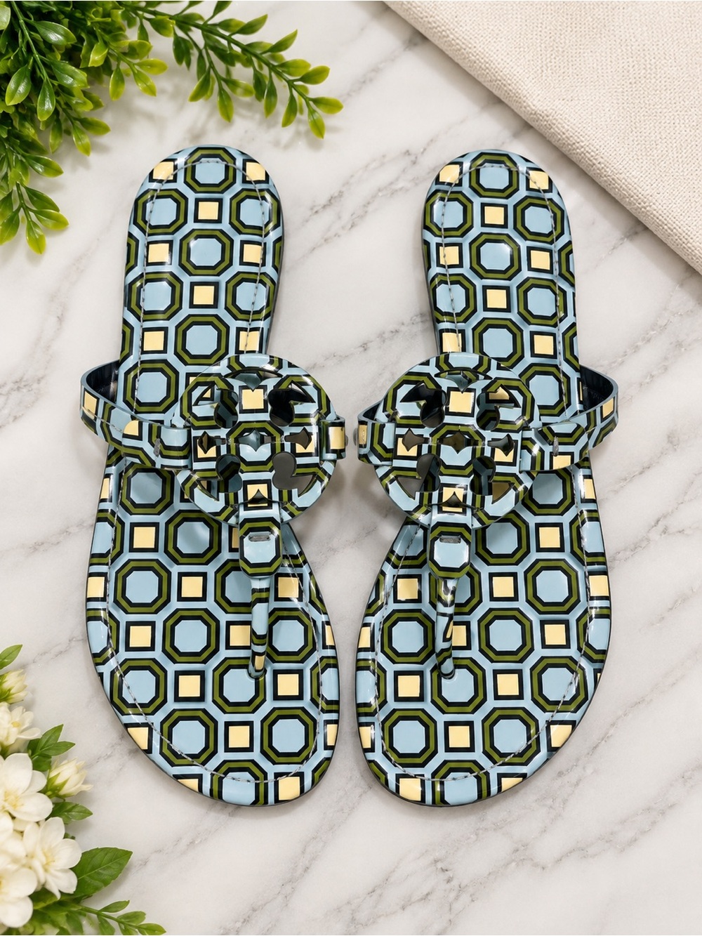 Tory Burch Blue Geometric Logo Thong Sandals
